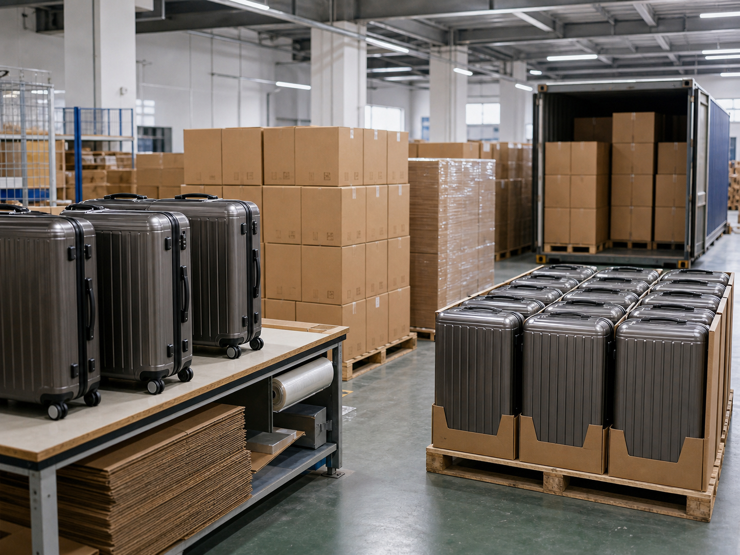 Export-ready luggage cartons and pallets