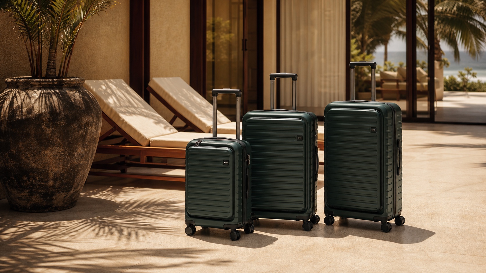 premium hardshell luggage on a sunlit resort terrace