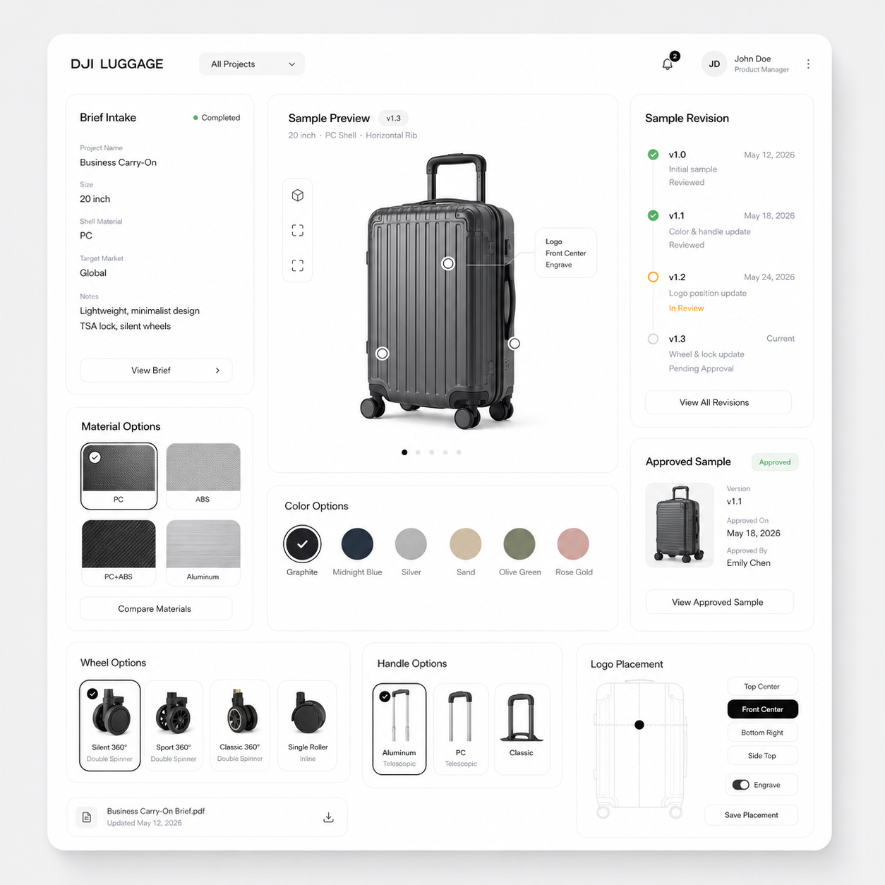 Luggage sample development interface