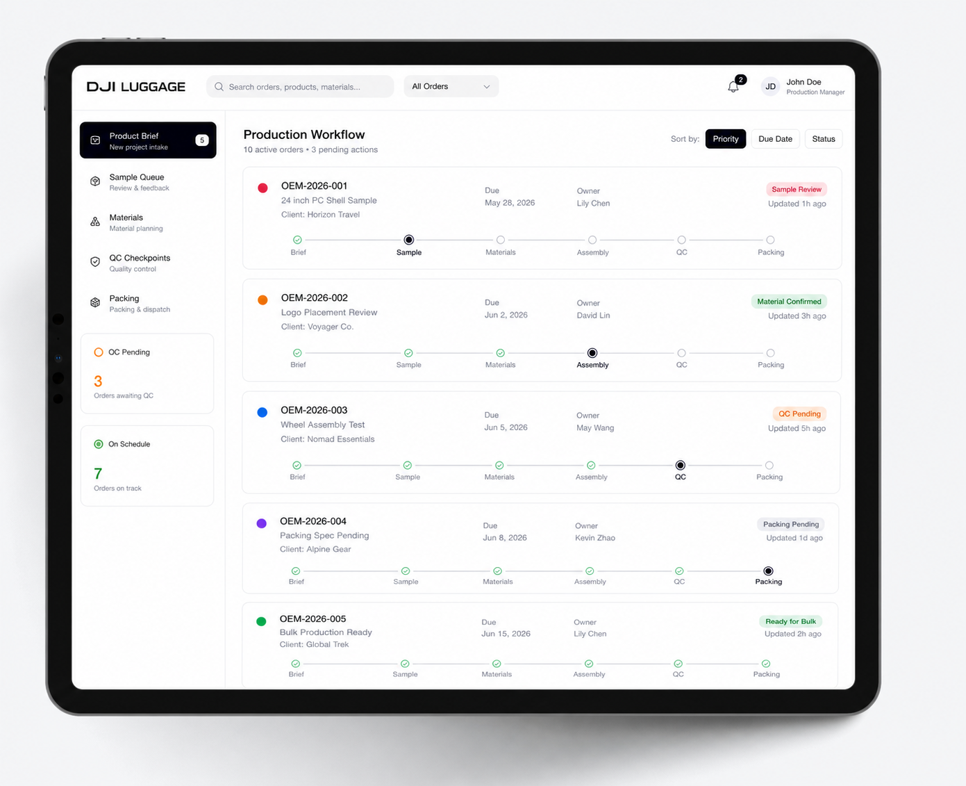 DJI Luggage production workflow dashboard